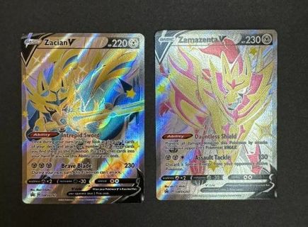 NM X2! Shiny Zacian V, Zamazenta V Textured Full Art Pokemon cards