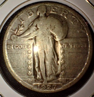 Coin quarter 1927 standing liberty head 90% silver and 96 years old take a look wow.