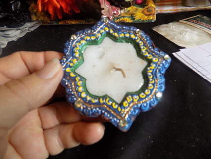 Stoneware candle holder with blue,gold, yellow rim sparkly and new candle # 2