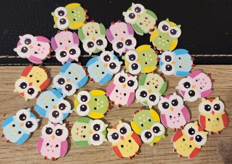 NEW - 25 Multi-Colored Wood Owl Buttons - 2 hole