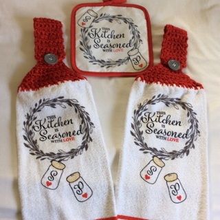 Two Hand Crocheted Decorative Kitchen Towels & Matching Potholder .