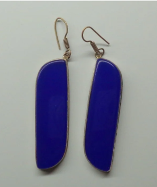 Chunky Large Elongated 3.5" Blue Glass Earrings Wire Hooks Womens Jewelry