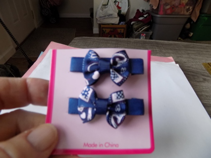 Pair of Navy blue gross grain ribbon barrettes with pink,tan bow