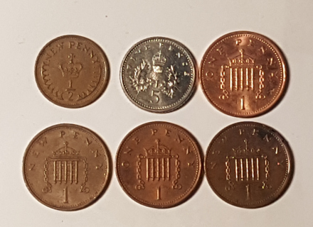 6 Coin UK 1/2 1 penny 5 pence 1971 1973 1981 1990 2004 2008