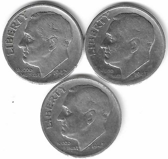 Vintage 1947 Roosevelt Dime P-D-S Second Year Set