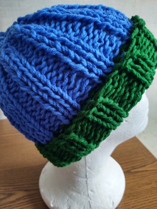 Hand Knit Blue and Green Hat