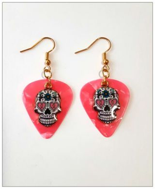 Pink Sugar Skull Guitar Pick Earrings B-8