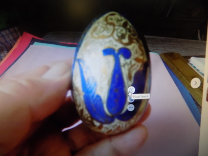 Vintage 3 inch  hand painted wooden egg blue with logs of gold detail