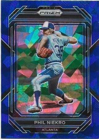 2023 PRIZM PHIL NIEKRO BLUE CRACKED ICE PRIZM REFRACTOR CARD