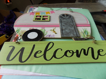 Wooden camper welcome sign 9 wide and tall wire hanger 