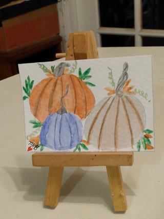 Original, Watercolor Painting " 2-1/2 X 3-1/2" ACEO Colorful Pumpkins by Artist Marykay Bond