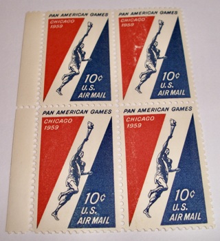 Scott #C-56, Airmail, Chicago 1959, Pane of 4 Useable 10¢ US Postage Stamps