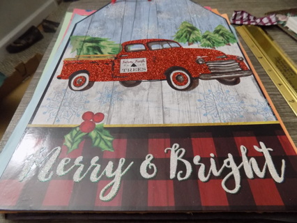 Wooden tag shaped Merry & Bright red Glittery truck hauling tree 13 x 8