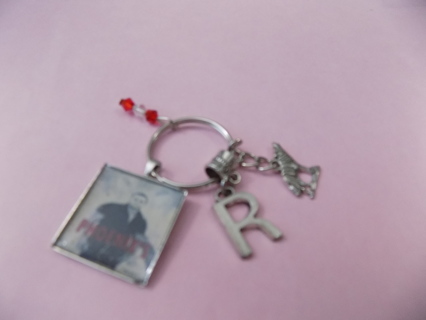 Homemade 4 charm keychain howling wolf, red faceted bead Initaal R & square charm