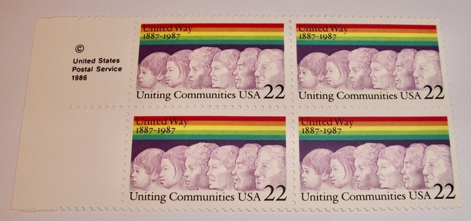 Scott #2275, United Way, Pane of 4 Useable 22¢ US Postage Stamps